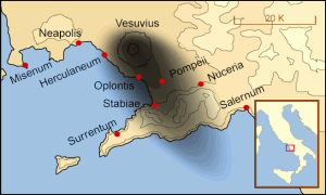 Mapa que señala las ciudades y pueblos (con sus nombres latinos) que fueron afectados por la erupción de Monte Vesubio en el año 79 Mapa que señala las ciudades y pueblos (con sus nombres latinos) que fueron afectados por la erupción de Monte Vesubio en el año 79